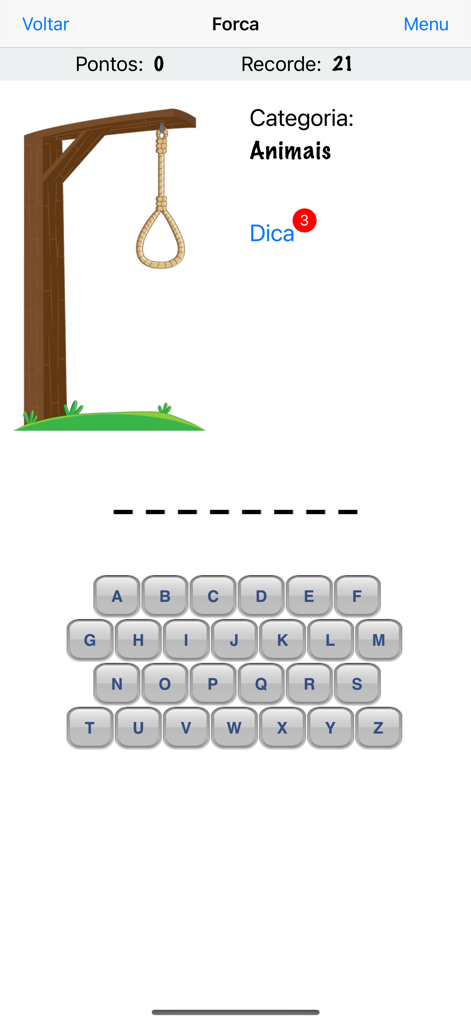 Interface du jeu du pendu Forca montrant la catégorie animaux et le clavier de lettres