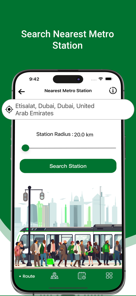 Dubai Metro - Route & Schedule - ドバイメトロアプリの検索インターフェース。場所検索バーと半径スライダーが表示された最寄り駅ファインダーを示しています。
