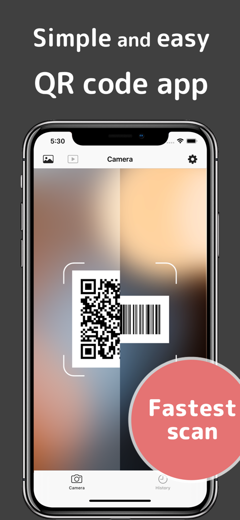 QRCode Simple QR Code Scanner - A smartphone screen displaying the QRCode Simple app interface scanning both a QR code and a barcode simultaneously with the text Fastest scan.