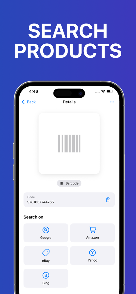 Barcode scanner app interface showing options to search a scanned product code on Google Amazon and eBay