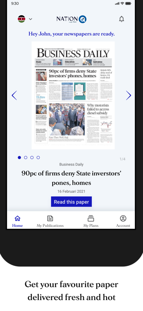 Nation ePaper app interface displaying the front page of the Business Daily newspaper