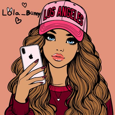 realistic beautiful girl wearing los ángeles cap holding an iphone