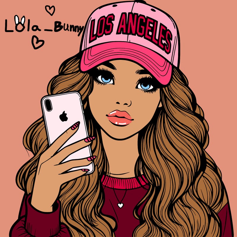 realistic beautiful girl wearing los ángeles cap holding an iphone