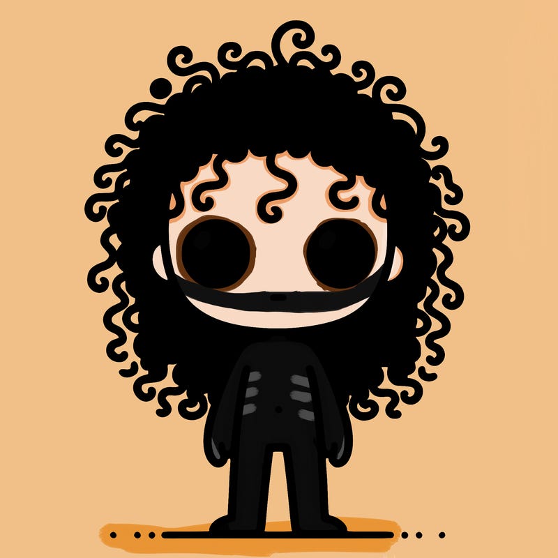 a humanoid with curly black hair and black eyes and skinny