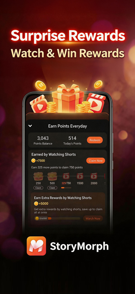 StoryMorph-Novels to Dramas - Interfaz de la aplicación StoryMorph mostrando la pantalla de Recompensas Sorpresa para ganar puntos mientras se ven dramas cortos.