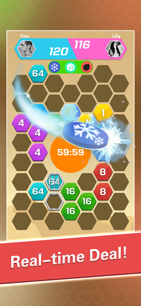 Juego de puzzle hexagonal 2048 mostrando un duelo multijugador en tiempo real entre dos jugadores