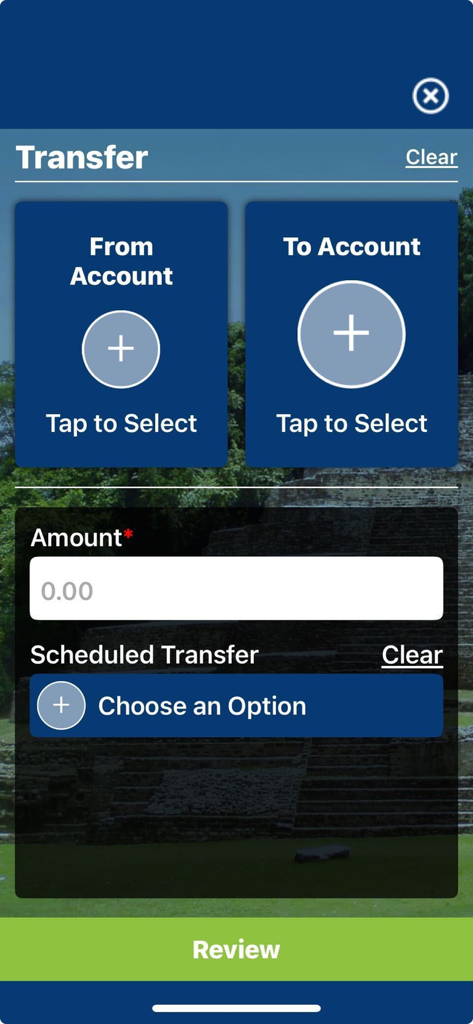 Heritage Intl. Bank Ltd - Mobile banking interface for initiating funds transfers within the Heritage International Bank app.