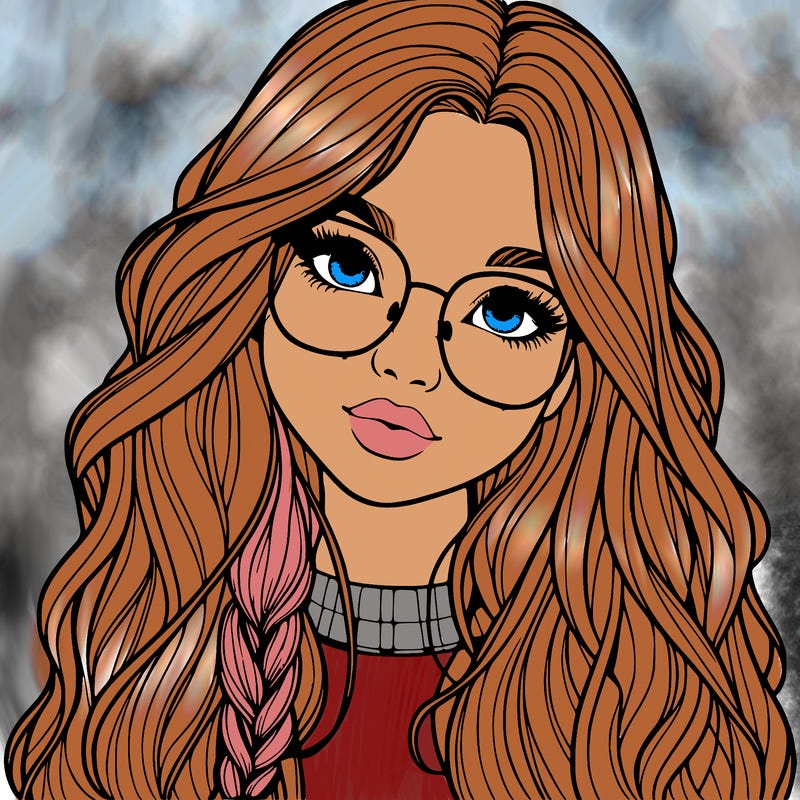 girl with long hair and freckles and glasses realistic