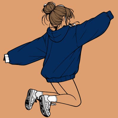 realistic girl jumping with a bun and oversized sweatshirt