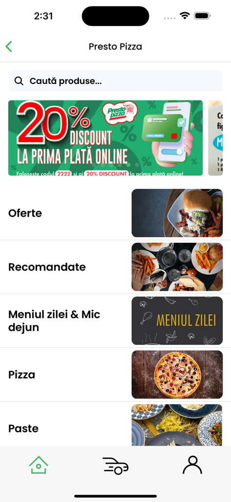 Presto Pizza mobile app home screen showing food categories and a twenty percent discount banner for online payments.