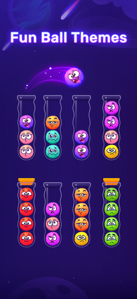 Ball Sort - Color Sort Puzzle! - Ball Sort Puzzleゲームで、ガラス管にソートされているカラフルなふわふわした絵文字ボールを示すゲームプレイ画面。