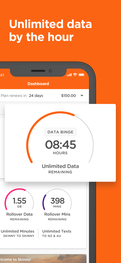 Skinny Mobile - Skinny Mobile app dashboard showing the Data Binge countdown timer and rollover balance statistics.
