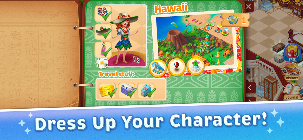 Travel Merge Family - Character dress up screen with tropical Hawaiian theme in Travel Merge Family app