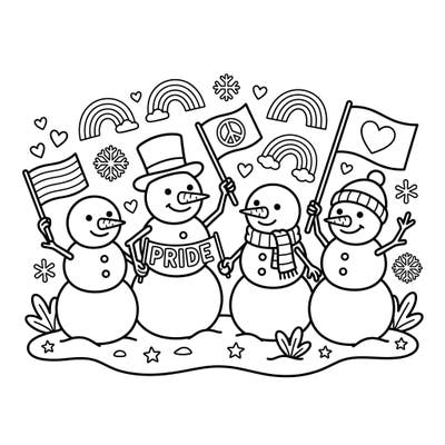 Bring love and diversity to life with this delightful coloring page featuring four happy snowmen celebrating Pride! Designed specifically for toddlers, its ultra-thick lines and large coloring areas ensure easy, mess-free fun.