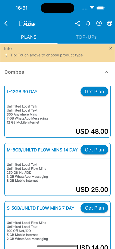 Topup Flow - A list of mobile data and talk combo plans in the Topup Flow app showing prices in USD