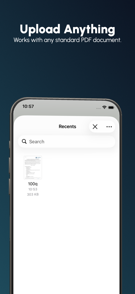 EduSwipe: AI Flashcards & SRS - A screenshot of the EduSwipe app showing the Upload Anything feature for PDF documents
