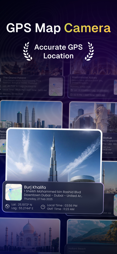GPS Map Camera - Geotag Photos - Interface de l'application Caméra GPS Carte montrant des photos avec des superpositions de localisation et d'horodatage
