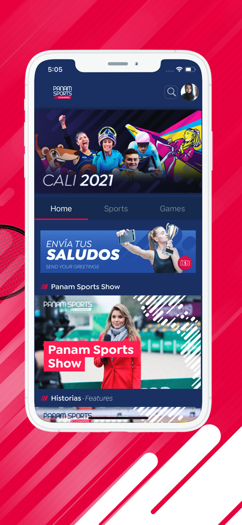 Panam Sports Channel - Écran d'accueil de l'application mobile Panam Sports Channel présentant des faits saillants des Jeux panaméricains et des catégories d'émissions sportives en direct.