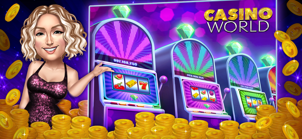 A smiling blonde female avatar standing next to slot machines and piles of gold coins in the Casino World app
