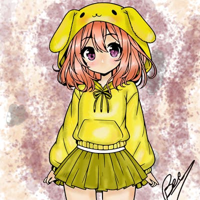 pretty anime girl wearing a fluffy hoodie with bunny ears on the hood and a skirt