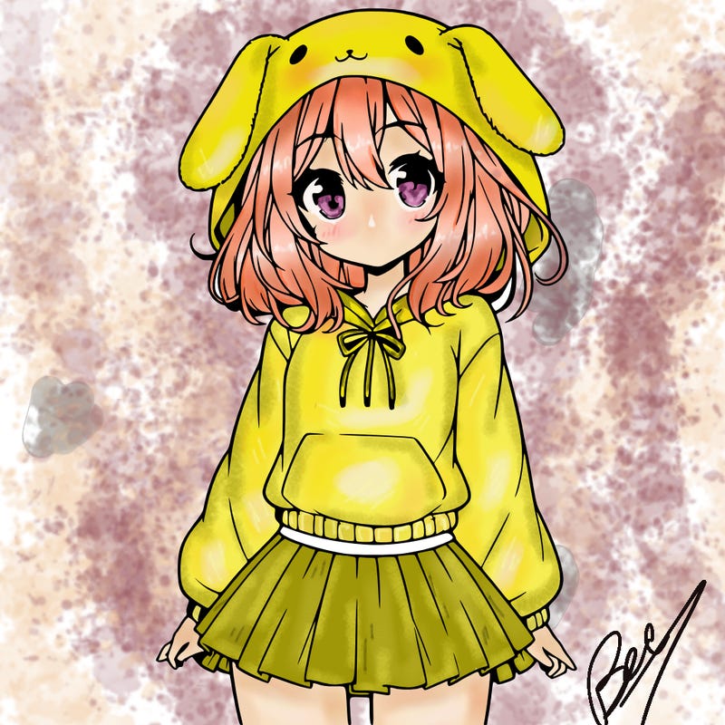 pretty anime girl wearing a fluffy hoodie with bunny ears on the hood and a skirt