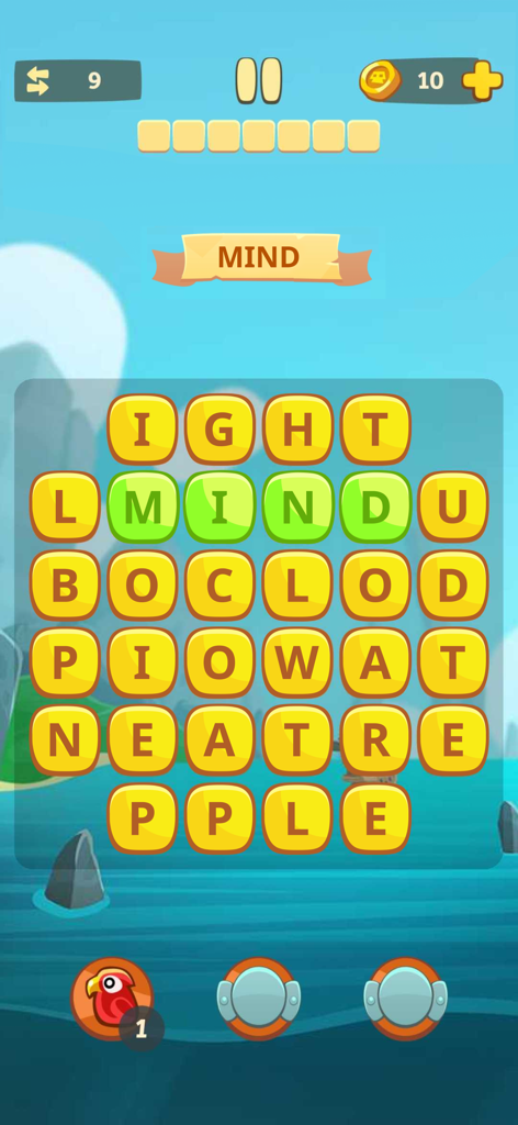 Word Chest - Connect Letters - Captura de tela da jogabilidade do Word Chest mostrando a palavra MIND selecionada em uma grade de letras com um tema de aventura marítima