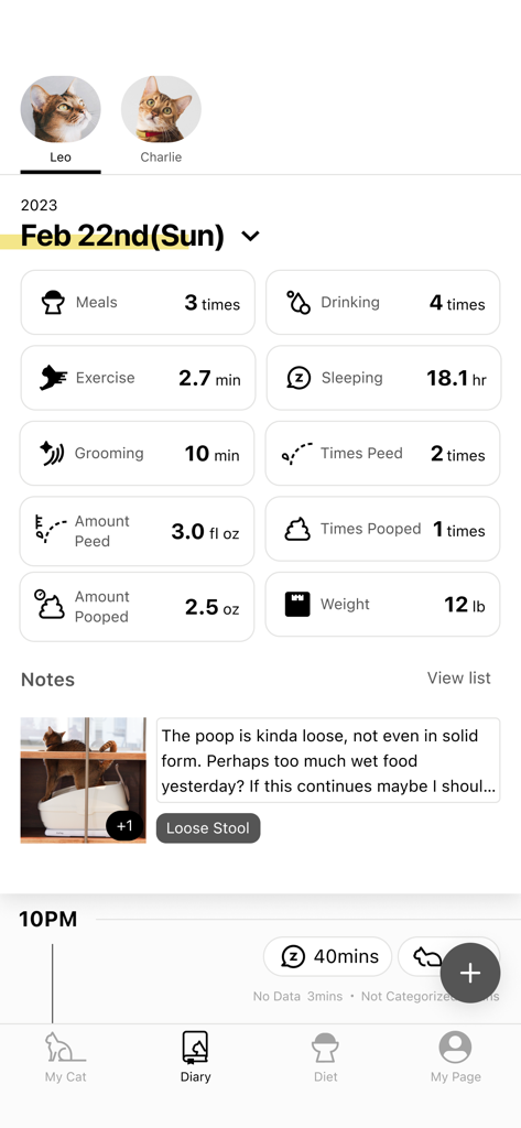 Catlog: Cat's Wellness Service - A mobile app interface from Catlog showing health tracking data including sleep meals and activity for a cat