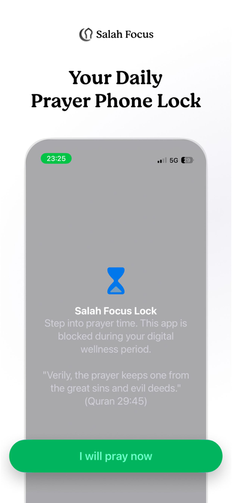 Salah Focus - Interface de l'application Salah Focus montrant un écran de verrouillage de téléphone pour le bien-être numérique pendant l'heure de la prière