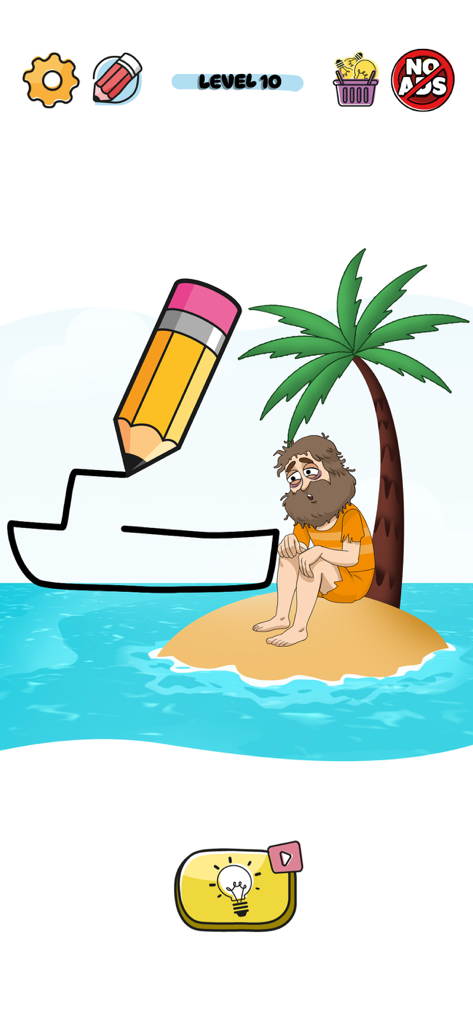 A mobile game screenshot where a player draws a boat to rescue a stranded man on a desert island