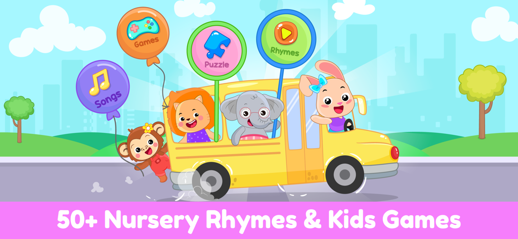 Kids Nursery Rhymes & Songs 1+ - Animales de dibujos animados en un autobús escolar amarillo representando canciones, puzles y juegos de rimas infantiles.