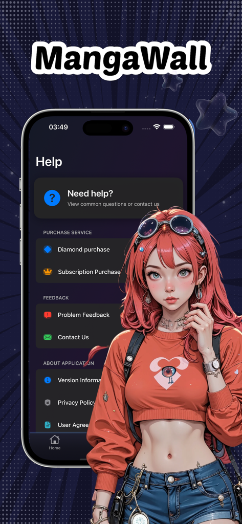 Hilfemenübildschirm der MangaWall-App mit einem Anime-Charakter und Support-Optionen
