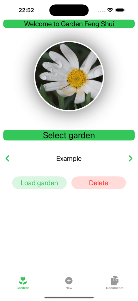 Garden Feng-Shui app interface for selecting and loading garden layouts