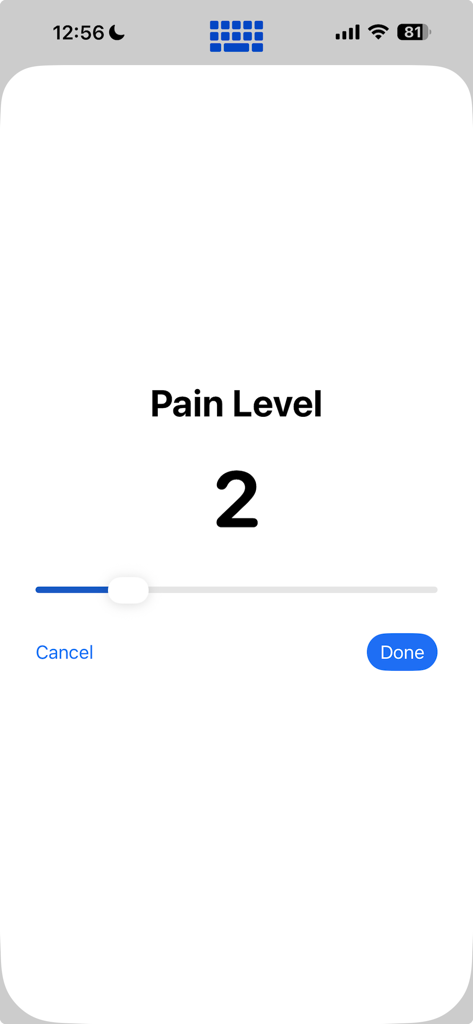 A simple pain level assessment screen in the Picture Board app with a slider set to level two