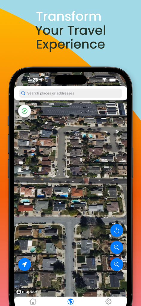Lite Maps: 3D & Street View - Satellite view of a residential neighborhood showing houses and streets in the Lite Maps app.