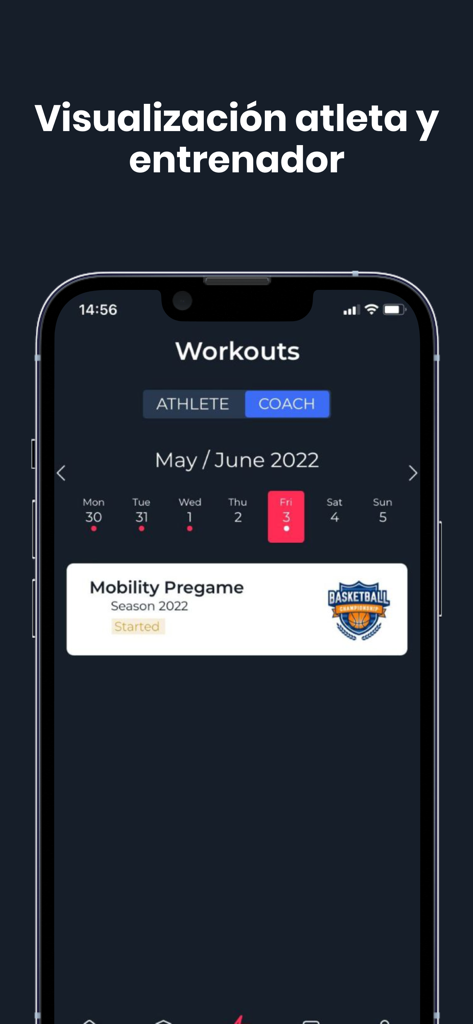 SoloPerformance - SoloPerformance app screen displaying a workout calendar with a toggle to switch between athlete and coach views