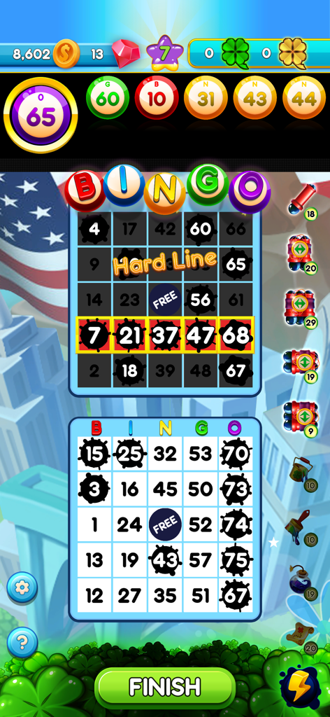 Planet Bingo Quickplay - Gameplay of Planet Bingo Quickplay mobile game showing bingo cards and a hard line win.