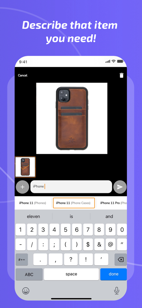 Pamo - Uma tela de aplicativo móvel mostrando um usuário carregando uma imagem e digitando uma descrição para uma capa de telefone de couro para criar uma solicitação de compra