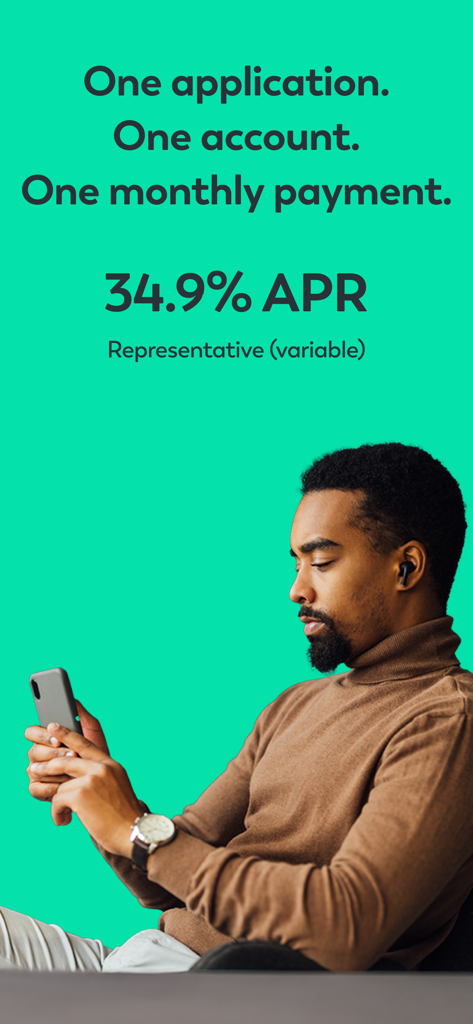 Newpay - A man looking at his smartphone with Newpay promotional text about monthly payments and credit interest