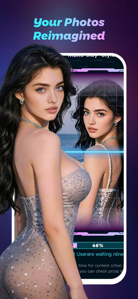 Jovial AI - AI generation interface showing a woman's portrait being reimagined with a sparkly dress and a progress bar