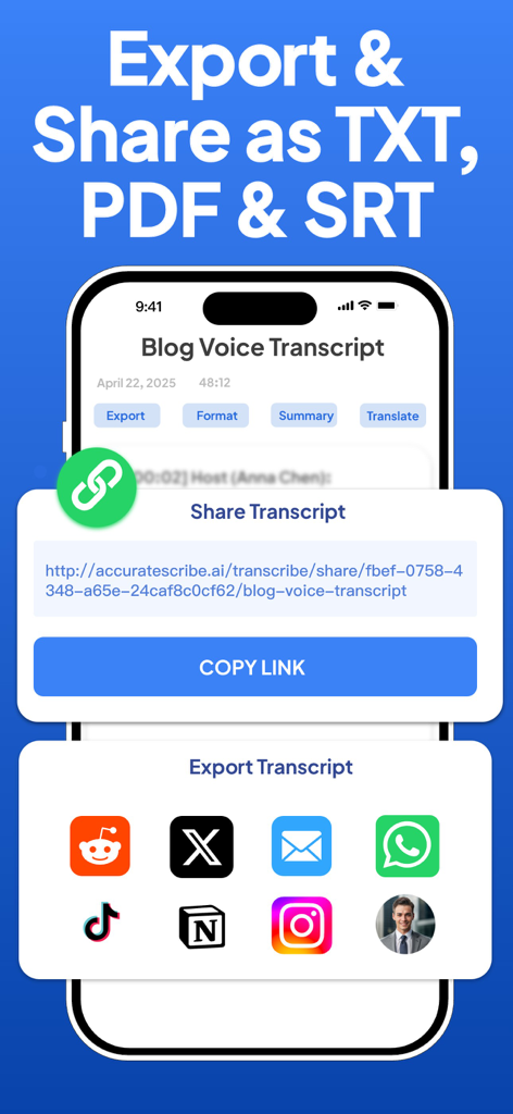 Interface mostrando opções para exportar e compartilhar transcrições de voz como arquivos TXT, PDF e SRT para vários aplicativos sociais e de produtividade