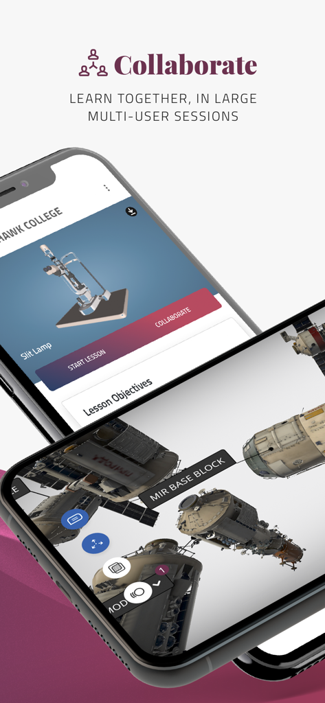 EON-XR App-Oberfläche, die Multi-User-AR-Kollaboration und 3D-Lektionen für Bildung und Training zeigt