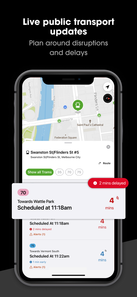 Arevo: VIC Journey Planner - Arevo app interface showing live public transport updates tram schedules and delay alerts in Melbourne