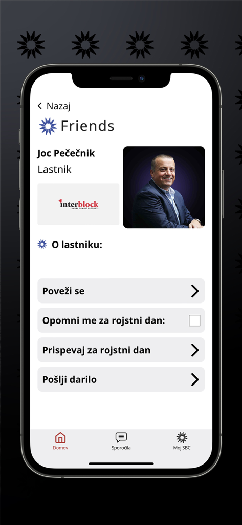 SBCA - Página de perfil de miembro de la aplicación Slovenian Business Club que muestra información profesional y opciones de networking.