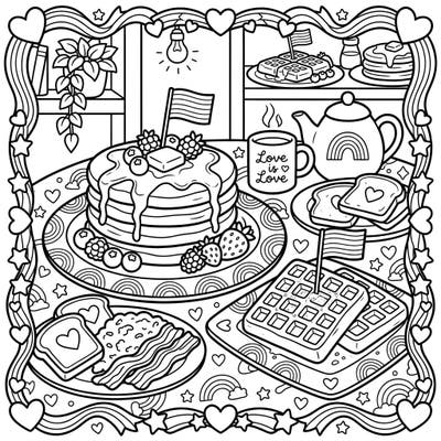 Start your day with a celebration of love and delicious food with this Pride Breakfast & Brunch coloring page. Adorn fluffy pancakes, golden waffles, and hearty eggs with vibrant rainbow colors as you bring this festive scene to life.