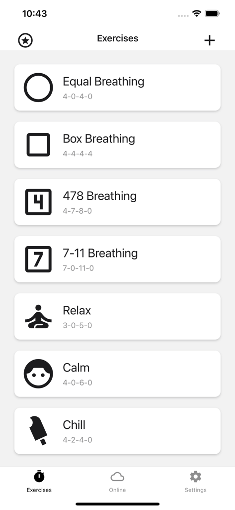 Open Breathwork Freely Breathe - Une liste de divers exercices de respiration, y compris la Respiration Carrée et la Respiration 478, dans une interface d'application mobile minimaliste.