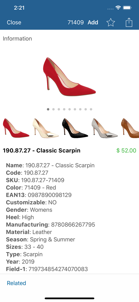 Negotti - Tela de detalhes do produto do aplicativo de vendas Negotti para um scarpin clássico, mostrando especificações técnicas e preços