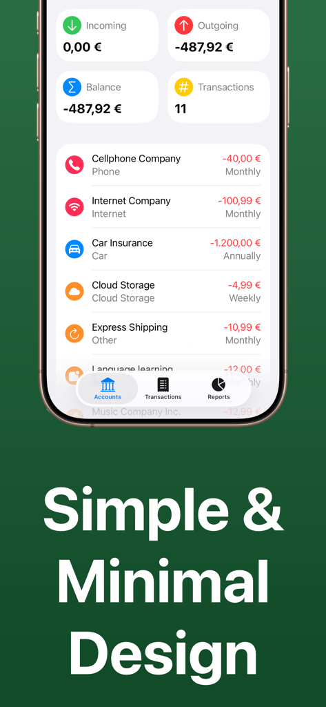 Budget Planner & Money Plan - Un'interfaccia minimalista di pianificazione del budget che mostra le spese ricorrenti mensili e il saldo del conto