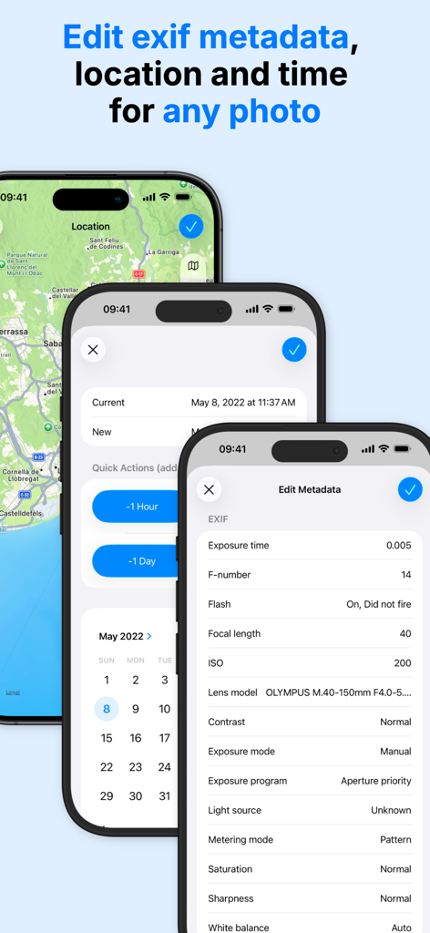 iPhone screens displaying the editing of photo EXIF metadata location and date