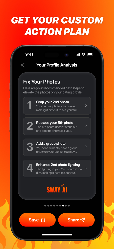 Sway AI: Dating App Assistant - Pantalla de la aplicación Sway AI mostrando un plan de acción personalizado para mejorar las fotos del perfil de citas