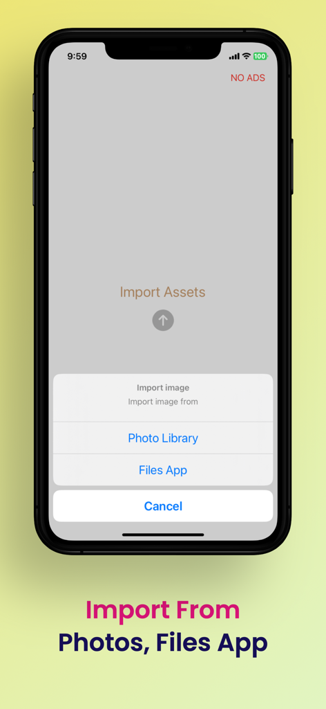 photo filters - vintage effect - Eine mobile App-Oberfläche, die Optionen zum Importieren von Bildern aus der Fotobibliothek oder der Dateien-App anzeigt.
